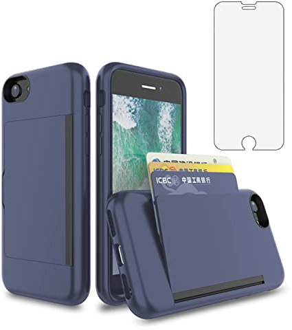 Asuwish Phone Case for iPhone 6plus 6splus 7plus 8plus i 6/6s/7/8 Plus with Screen Protector Cover and Card Holder Hybrid Cell iPhone6splus i Phone7s 7s 7+ 8s 8+ Phones8 6+ i6 6s+ Women Men Navy Blue