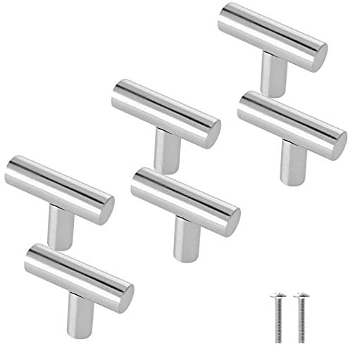 Cjueiom 6 Pack Brushed Nickel Cupboard Knobs 50mm Length T Bar Handles, Stainless Steel Drawer Silver Pull Wardrobe Door Kitchen Cabinet Bedroom Closet, Single Hole