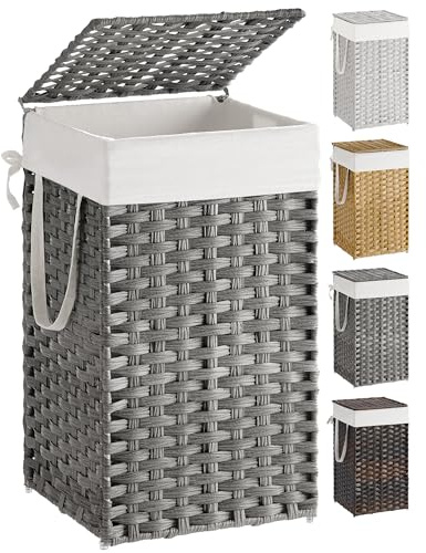 SONGMICS Wäschekorb mit Deckel, 65 l, synthetisches Rattan, Wäschekorb mit Deckel und Griffen, faltbar, herausnehmbares Futter, Taubengrau ULCB165G01