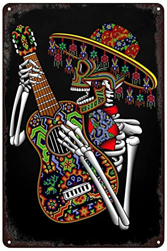 SREELEATHERS Vintage-Metallschilder – mexikanisches Skelett spielende Gitarre Poster Mexiko Day of the Dead Skull Blechschild Wandkunst Dekor Plakette für Zuhause Bar Pub Club Wohnzimmer 20.3x30.5 cm
