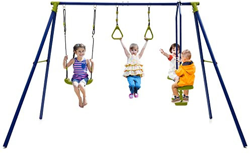 DREAMADE Ensemble de Balançoire 3 en 1 Enfant Exterieur,Portique Balançoire en Métal avec 1 Face à Face,2 Anneaux Gymnastique,Balancoire Réglable,4 Piquets de Sol,Aire de Jeu Enfants 3-10Ans