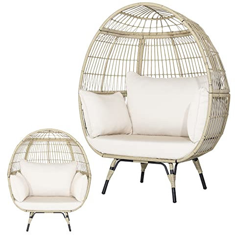 COSTWAY Fauteuil Cocon Œuf sur Pied avec 4 Coussins Épais Charge 205KG, Chaise Relax en Rotin avec Cadre Métallique 110 x 82 x 145CM, pour Patio Cour Salon (Brun Clair)