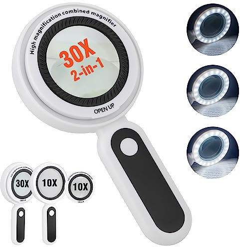 weswose Lupe mit Licht, Beleuchtete 30X 10X Lupe mit 21 LED Licht, Leselupe für Senioren Groß, Inspektion, Münzen, Briefmarken, Karte, Inspektion, Makuladegeneration (Weiß)