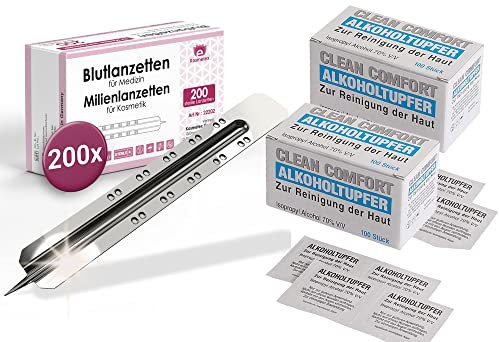 200x Lanzetten 200x Alkoholtupfer, Stechhilfe Einweglanzette, sterile Kosmetex Blutlanzette für Milien (je 200)
