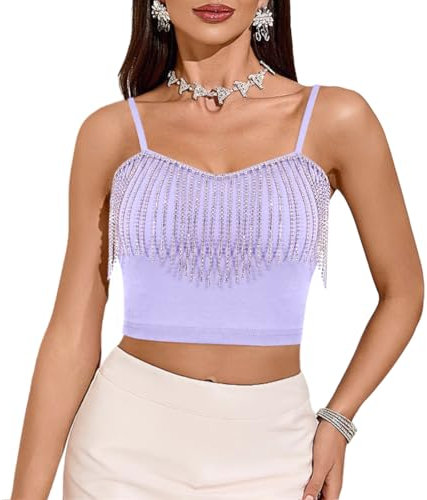 Erinaco Top da donna con strass diamante canotta colore perline tubo fionda top bustier gilet crop top sexy corsetto reggiseno estate, Camicia Strass Viola, M