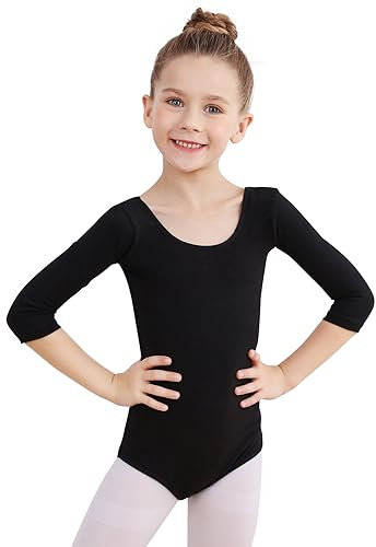 Soudittur Ballettanzug Mädchen, Kinder Ballett Trikot Baumwolle 3/4 Ärmel Ballett Body TanzBody Gymnastikanzug Turnanzug für Damen Größe 110, Schwarz