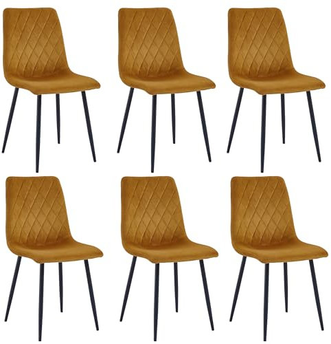 Esszimmerstühle 6er Set Ockergelb – Samt Gepolstert mit Rautensteppung – Metallbeine Schwarz – Inkl. Handwischmopp Geschenk – Modern & Bequem für Küche & Wohnzimmer