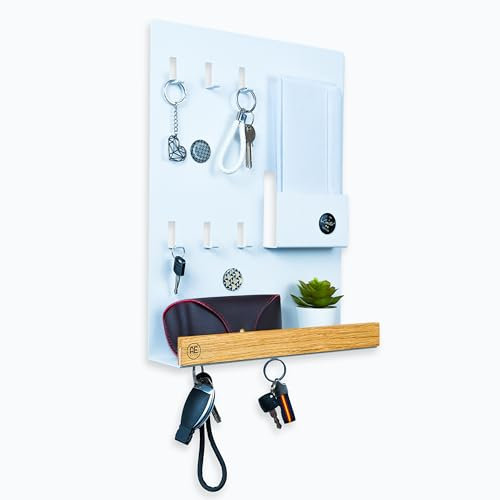 AE Günther® Schlüsselbrett Holz - Schlüsselhalter Schwarz Stahl - Schlüsselboard Eiche - Schlüssel Organizer mit Ablage - Schlüsselanhänger - Schlüsselkasten -Wandorganizer - Schlüsselleiste (Weiß)