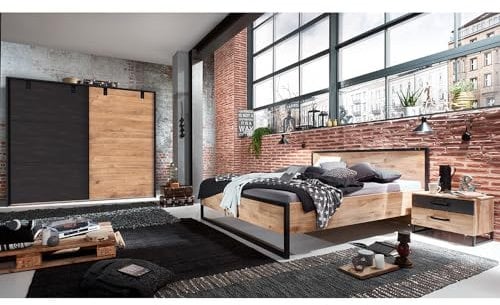 Lomadox Schlafzimmer Set 4-TLG. mit Bett 160x200, Schwebetürenschrank 300cm, 2 Nachttische in Eiche mit Stahl Nb., Industrial Design