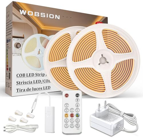 wobsion Striscia LED Cucina COB 10M Dimmerabile con RF Telecomando,Bianco Caldo Strisce Kit 3000K per Festa,la Casa,Bar,Camera e Armadio,24V GS Alimentatore Luminoso Luci da 320LEDs/M,CRI90+