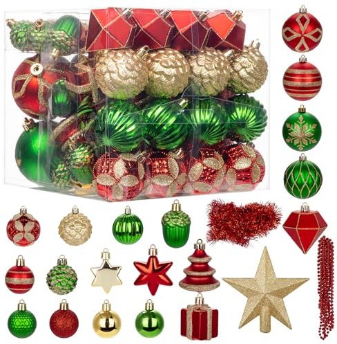 Hollyone 75PCS Weihnachtskugel Set Kunststoff, Bruchsicher Weihnachtsornamente, Verschieden Christbaumkugeln Hängeornamente für Weihnachtsbaum Feiertage Partys Home Deko, Gold Rot & Grün