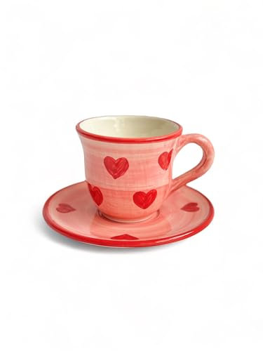 Tazón y plato True Love.Taza Chip de corazones y plato a juego hecho a mano. Cerámica artesanal, pieza única y original.