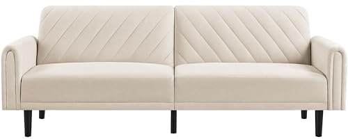 Yaheetech Click-clack 3-Seater Sofa Reclining Daybed Modern Fabric Futon Convertible Couch with Large Side Pockets for Living Room/Bedroom/Apartment Beige