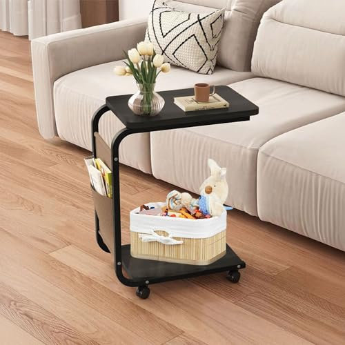 devesanter Beistelltisch, Sofatisch mit Rollen, mobiler Kaffeetisch,Sofatisch mit Stauraum,beistelltisch c Form,Holzwerkstoff Metall, Geeignet für Wohnzimmer, Schlafzimmer, Heimbüro（Schwarz）