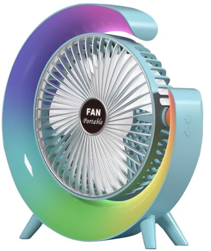 USB Desk Fan with RGB Mood Light, 3 Speeds Quiet Portable Table Fan, 1800mAh Rechargeable Fan, 180°Adjustment Desktop Fan, Small Fan for Home Office Bedroom Outdoor (Blue)