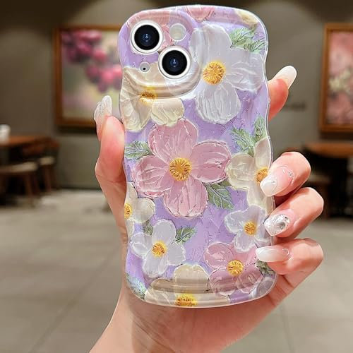 for iPhone 13 Mini Curly Wavy Case, Cute Colorful Retro Oil Painting Flower Glossy Pattern, Slim Fit Shockproof Protective Cover for Girls Women (Purple)