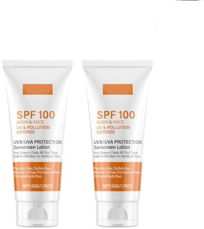 Sonnencreme SPF 100, Sunscreen SPF 100, Sunscreen Lotion, Sonnenlotion mit UVA/UVB-Schutz, Feuchtigkeitsspendende, Anti-Aging Sonnencreme für Gesicht und Körper, Wasserfest, Nicht-fettend (2PC)