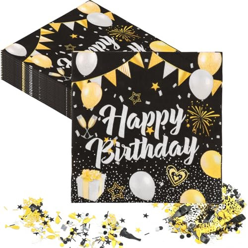 Scettar 60 Pièces Serviette Papier Anniversaire,Serviette Anniversaire Noir et Golden, avec 15 g Deco Table Anniversaire Miettes Colorées
