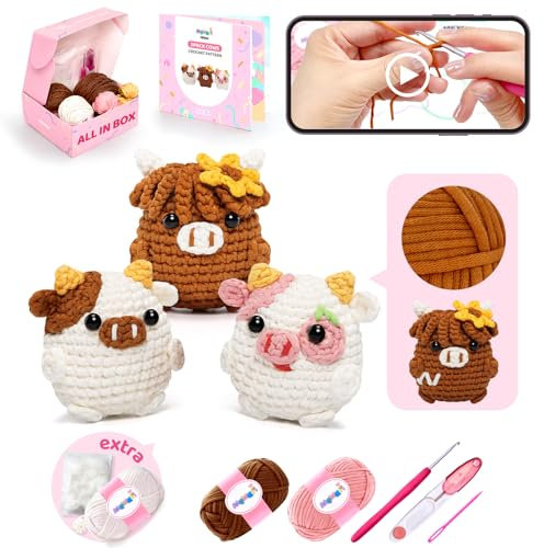 Mewaii Häkelset für Anfänger, Stufe 2, mit 40 % extra vorgestartetem Garn (evtl. nicht in deutscher Sprache), Schritt-für-Schritt-Video-Tutorials für Erwachsene und Kinder (3 Kühe)