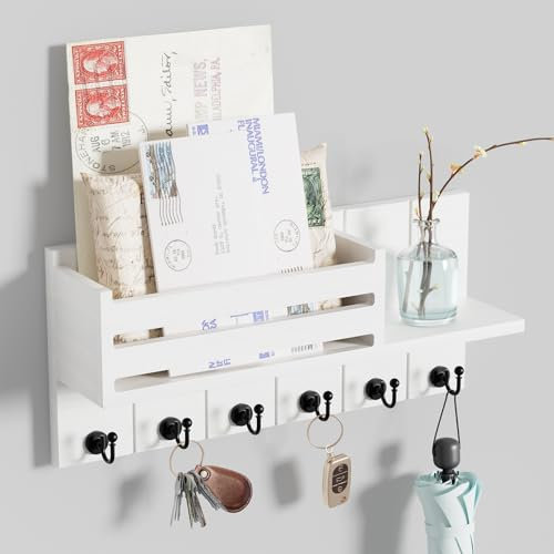 SWTYMIKI Schlüsselbrett mit Ablage - Schlüsselkasten holz mit Regal Enthält Briefhalter und 6 Haken, Schlüsselhalter Wand für Wohnzimmer, Küche, Büro, Flur, Schlafzimmer, Weiß