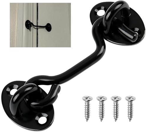 Black Cabin Hook and Eye Latch, Stainless Steel Gate Hook Lock, Door Lock Hooks and Eye, Gate Latch, Door Swivel Window Hooks Locks with Mounting Screws for Wooden Gates, Window(Black, 75mm)