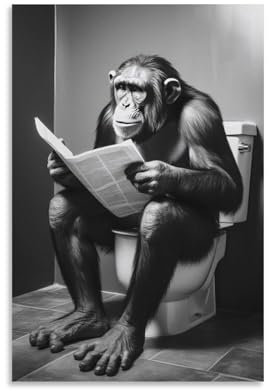 Singe assis sur les toilettes lisant un journal dans les bois. Humour drôle et insolite. Poster sur toile de style rétro pour décoration de chambre à coucher, bureau, chambre, cadeau 30,5 x 45,7 cm