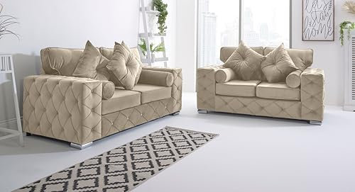 Sofahub Milton Cream Plush Velvet Living Room Sofa Set - Button Tufted Design with Foam Seats & Chrome Feet | 2 Seater, 3 Seater, 3+2 & Corner Sofa Options - Fullback Sofa (Cream, 3 + 2 Sofa Set)