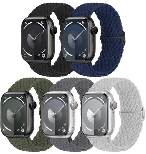 Geflochtenes Armband Kompatibel mit Apple Watch 42mm 44mm 45mm 46mm 49mm, Elastisches Nylon Stoff Band für Apple Watch 11 10 9 8 7 6 5 4 3 2 1 SE 3 SE 2 SE Ultra 3 Ultra 2 Ultra, 5 Stück