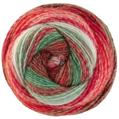 Lana Grossa Christmas Edition Lurex 117 - Grünrot/Graugrün/Leuchtend-/Hell-/Tomaten-/Dunkelrot/Ecru verschieden gestreift