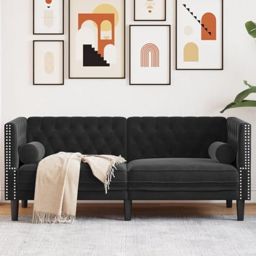 Willood Chesterfield-Sofa mit Nackenrollen 2-Sitzer Couch mit Armlehnen Rückenlehne Stützbeine, Polstersofa für Wohnzimmer, Couchgarnitur Schwarz Samt