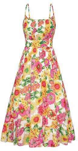 GRACE KARIN Abito estivo da donna con spalline sottili, svasato, linea ad A, mini abito increspato senza maniche floreale da spiaggia, Fiori rosa e gialli, S