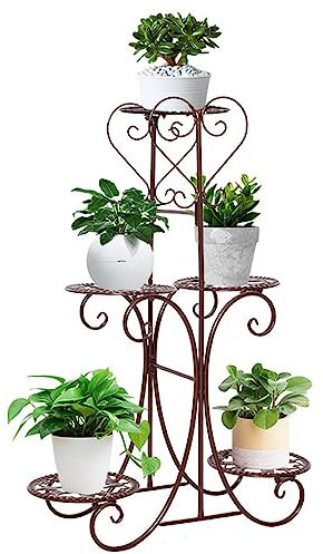 3 Tier Brown Metal Plant Stand for Indoor & Outdoor Home Garden Holds 5 Potted Plants