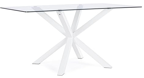 KONTE.DESIGN Mesa Rectangular May de Cristal, Pata Cruzada Acero Blanco 160x90cm