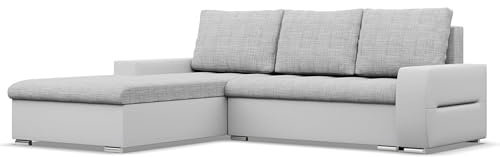 Mebligo - Ecksofa mit Schlaffunktion und Bettkasten Aurora, Eckcouch mit Ottomane Links, Sofa L Form (BxTxH) 243 x 200 x 92 cm, Couch Wohnzimmer, Ecke Sofa, Grau + Grau (Samt und Kunstleder)