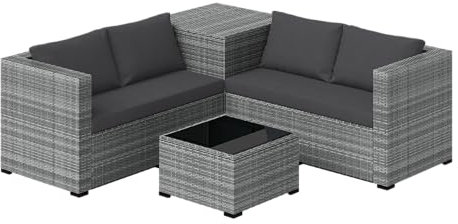STEELSØN Polyrattan Sitzgruppe mit Aufbewahrungsbox Veloria, Gartenmöbel Set 5-teilig mit 2X Gartenbank, 1x Tisch, Rattan Lounge für den Garten für 4 Personen grau