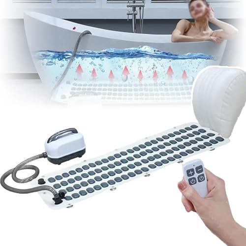 Tappetino per Vasca Bagno, Massaggiatore Portatile per Vasca Idromassaggio con Massaggio Regolabile 6 Velocità, Tappetino Antiscivolo Impermeabile per Vasca Termale con Telecomando Cuscino,114cm
