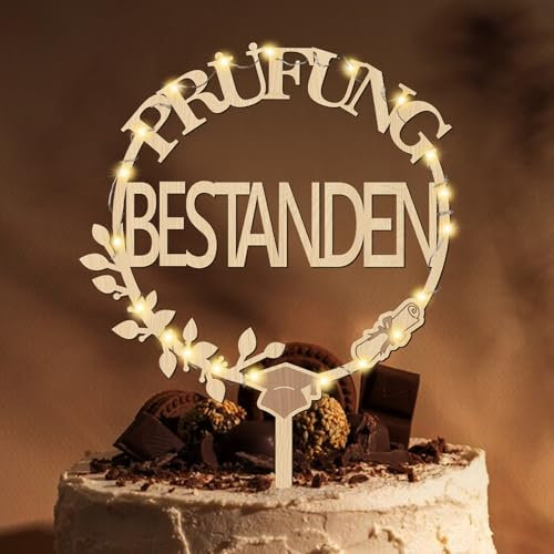 Giftota 2025 Abschluss Deko Cake Topper Prüfung Bestanden Holz mit LED Lichterkette - Tortendeko Graduation Deko - Abitur 2025, Matura, Bachelor Deko