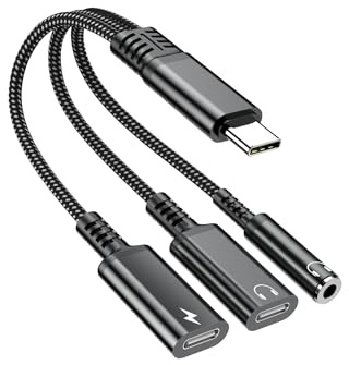 3 in 1 USB C auf Klinke Audio Adapter Kabel 60W Schnelllade Typ C auf Dual Typ C 3,5 mm Konverterkabel für Samsung, Xiaomi Huawei/Mini 6 und mehr (Schwarz)
