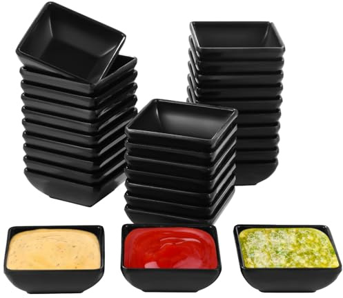 YOFAPA 30 PCS Square Dipping Sauce Bowls, No Tipping Over Sauce Dish, 2.3 oz Black Melamine Condiment Saucer for Family Gatherings and Catering