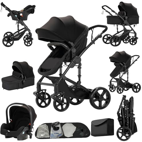 Aveainelle 3-i-1 barnvagn, ligg- och vändbart resesystem, buggy 3-delad barnvagn med ett klick, babyvagn med kompletta tillbehör och dubbla bromsar (588 svart)