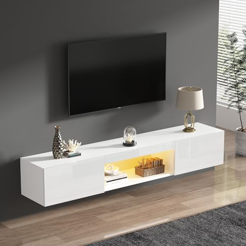 OKMYHOME Meuble TV Suspendu avec LED, 160 cm, Blanc, pour TV 50–70 Pouces | Meuble télé de salon, App Bluetooth, charge maximale 30 kg, blanc brillant, 2 placards, 1 niche, aggloméré, P 31 × H 22 cm