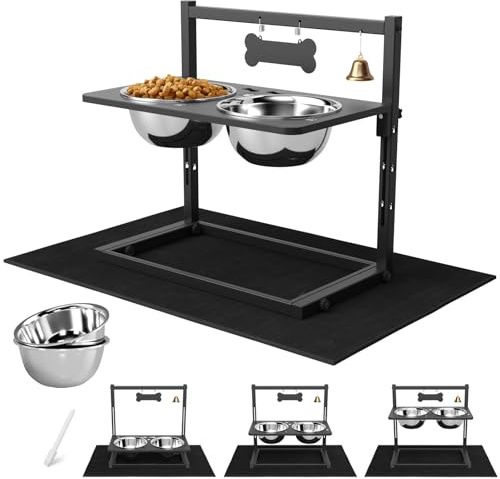 Elevated Dog Bowls with Slow Feeder and Spill Proof Mat, Adjustable Height 4.3-11.8'', Two 1.7L Stainless Steel Food & Water Bowls, Metal Raised Dog Bowl Stand, for Large Medium Breeds