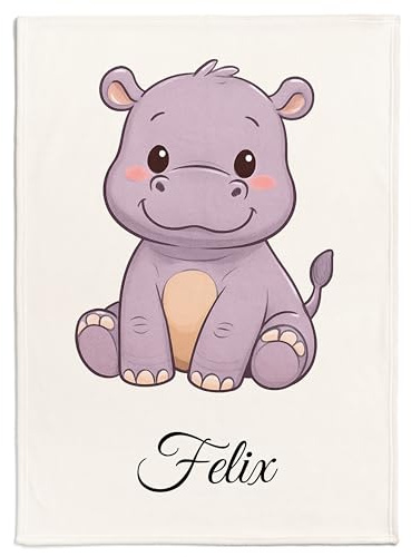 Pictogogo Personalisierte Babydecke mit Namen und Datum - Kuschelige Meilensteindecke aus Minky-Fleece, Ideal als Geburtsgeschenk (Nilpferd)