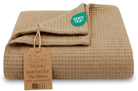 Waffeldecke Baby Ganzjahresdecke Babydecke 75x100 cm - Kinder Baumwoll Waffelpiqué atmungsaktiv leichte Übergangsdecke Decke – Kinderwagendecke Tagesdecke Neugeborene Oeko-Tex Braun