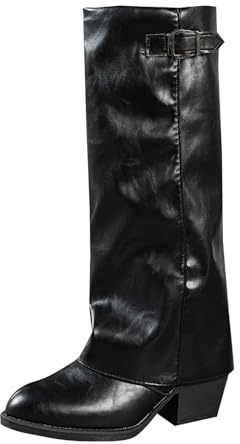 Generico curvy stivali polpacci grossi Stivali Donna con Tacco Invernali Autunnali Texani Cowboy Stivaletti Alti al Ginocchio Stivaletti Gamba Larga in Pelle scarpe donna gambale largo nero 37