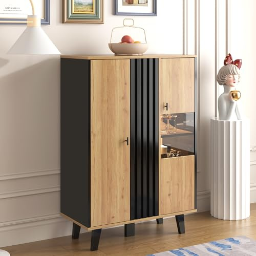 FammyLoft Sideboard with Glass and LED Lighting, Display Cabinets, Storage Cabinet with Glass Doors, Corner Display Shelf for Living Room, Bedroom, Black and Wood