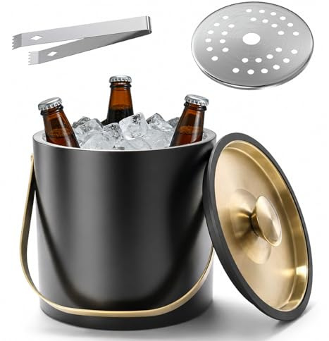 4L Ice Bucket with Lid and Tongs, Double Walled Insulated ice Bucket with lid, Stainless Steel ice Buckets for parties, Cocktail Bar, Chilling Beer Win (Black)