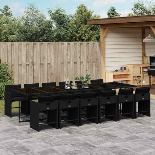 Brokky Rattan Gartenmöbel Set für 12 Personen Sitzgruppe mit 12 Stühle Gartentisch mit 12 Stühle & Kissen Gartengarnitur Wetterfest-Schwarz-13-tlg-Glas