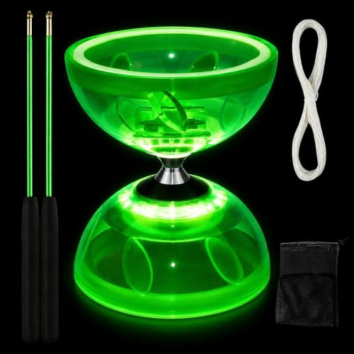 HOVCEH LED Diabolo mit Kugellager,Diabolo Freiläufer mit Kugellager,4 Farben Blinkendes,Dreifache Lagerung Set mit Ersatzseil 10m, Stange, Netzbeutel für Erwachsene Anfänger Berufstätige