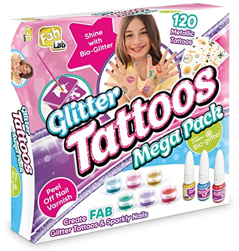 FabLab Glitter Tattoos - Mega Pack | Create FAB Glittery Kids Tattoos! | Includes 28 Stencil Designs and 120 Metallic Tattoos with Extra Sparkly Colours of Bio-Glitter | Girls Gifts for Ages 8+
